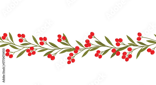 A festive botanical border features a vibrant row of red berries and green leaves on a delicate branch, perfect for seasonal designs.