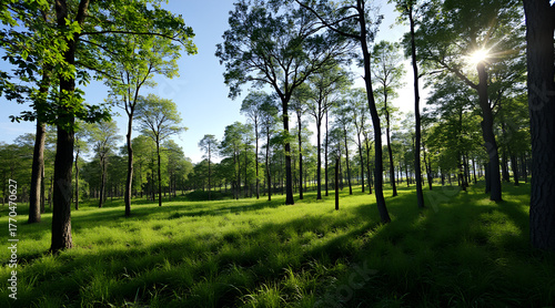 Sunlight streams through lush green forest canopy illuminating vibrant meadow grass with dappled shadows creating a serene natural landscape