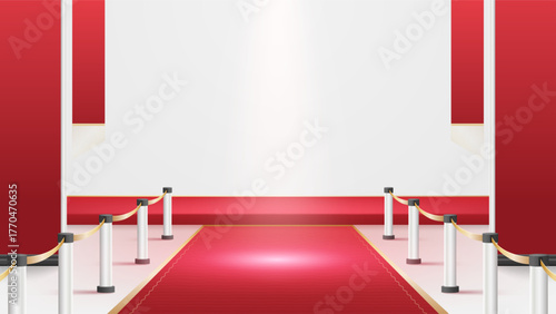 Luxury red carpet background with spotlight and golden rope barriers. Elegant event podium or award ceremony backdrop for VIP, celebration, or glamorous gala presentation