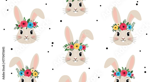 Seamless pattern with cute Easter bunnies wearing colorful flower wreaths on their heads, set against a simple white background with scattered black dots.