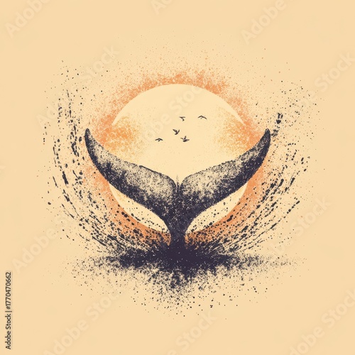 Whale tail emerging from a splash of sunset.