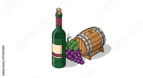 Savor the rich tradition of winemaking with a classic bottle, ripe grapes, and aged oak barrel for a perfect vineyard escape