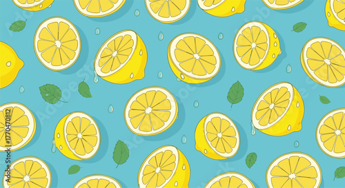 Vibrant summer seamless pattern with juicy yellow lemons, fresh mint leaves, and water droplets on a light blue background.