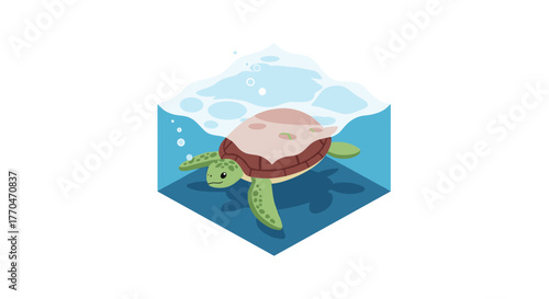 Adorable cartoon sea turtle glides gracefully through clear blue ocean water with gentle waves and bubbles rising
