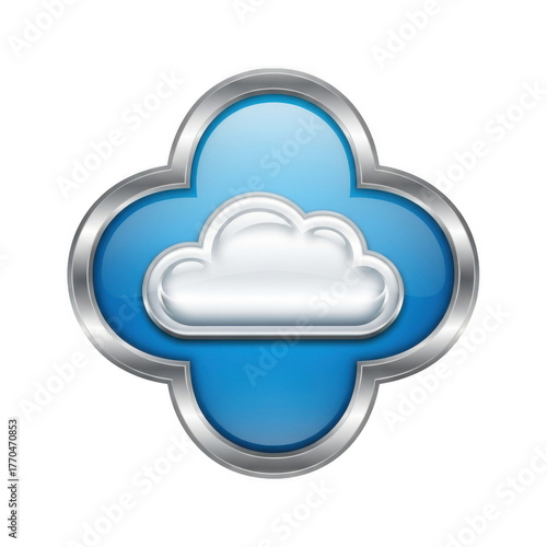 A blue cloud icon with a silver border and a white cloud inside isolated on transparent background