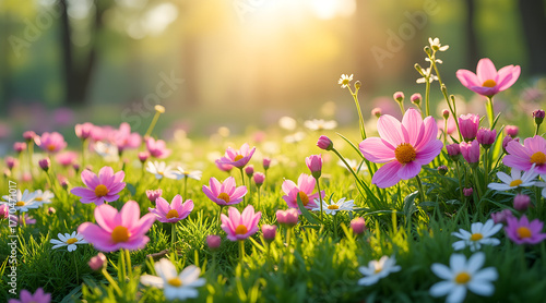 Vibrant pink and white wildflowers bloom in lush green grass bathed in warm golden sunlight creating a serene and picturesque meadow scene
