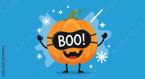 Cute Halloween pumpkin character with a festive boo eye mask and a wide smile, surrounded by sparkles on a bright blue background.