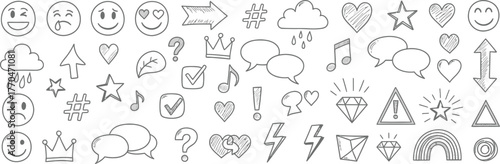 Hand Drawn Doodles Collection, Smiley Faces, Crown, Diamond, Hearts with White Background