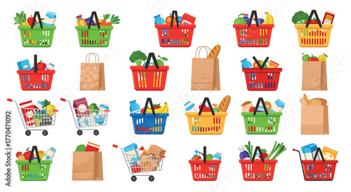 Vibrant grocery baskets overflowing with fresh produce milk bread and dairy ready for shopping convenience