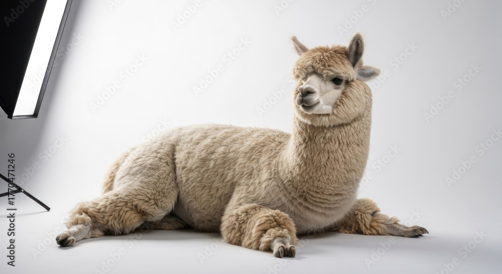 Obraz premium Alpaca rests on white backdrop, near studio lighting