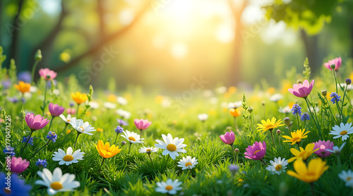 Vibrant meadow bursts with colorful wildflowers under warm golden sunlight creating a serene and joyful spring atmosphere