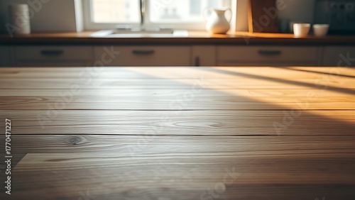 A wooden table showcases subtle grain patterns under soft, gradient kitchen light.