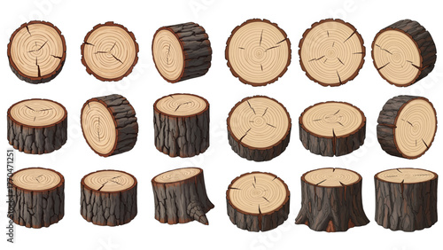 A collection of illustrated wooden logs, tree stumps, and round slices from different angles, showing bark and annual rings.