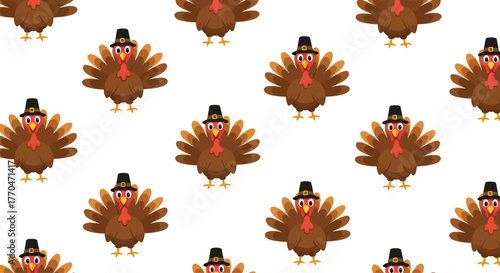 Seamless pattern of cute cartoon turkeys wearing pilgrim hats, perfect for Thanksgiving and autumn holiday designs on a white background.