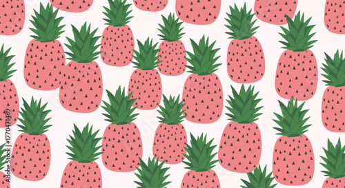 A delightful and playful seamless pattern featuring hand-drawn pink pineapples with green crowns scattered on a light background, perfect for a sweet tropical summer design.