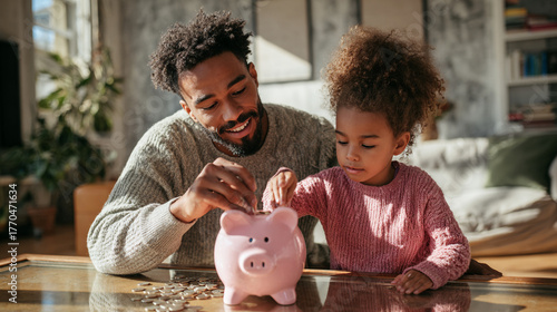black father teaching his kid finance using piggy bank money saving concept