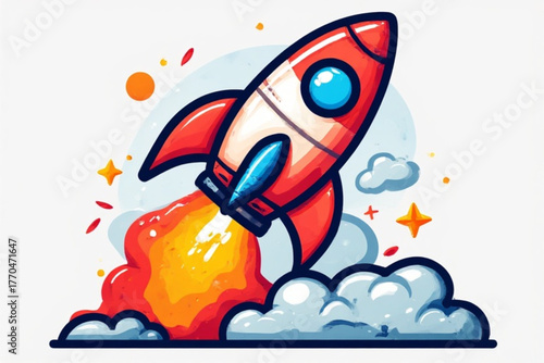 Cartoon rocket ship launching with flames and smoke, set against a white background with stars and clouds.