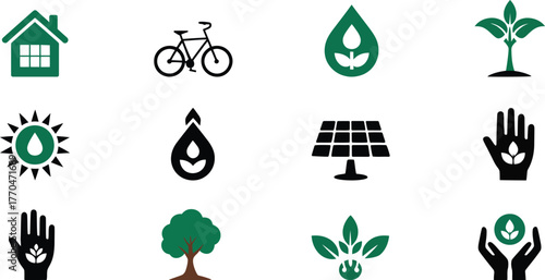 Green energy and nature icons set house bicycle