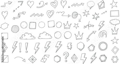 Hand Drawn Shapes and Arrows Collection with Hearts, Clouds, Crowns on White