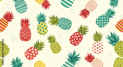 A vibrant and playful seamless pattern featuring various stylized pineapples with different colorful designs on a light background, perfect for summer themes.