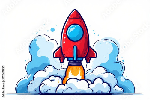 A vibrant cartoon illustration depicts a red rocket ship launching into the sky, surrounded by fluffy clouds.