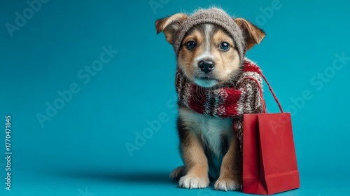 Cute puppy holding shopping bag on blue background with copy space, festive banner for black friday pet supply sales, holiday delivery concept, adorable christmas and new year pet promotion illustrati
