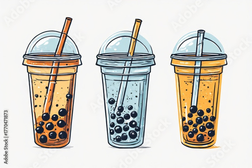 Three colorful bubble tea drinks, each with a straw, displayed on white.