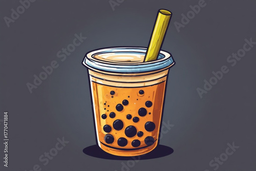 A refreshing cup of bubble tea with tapioca pearls and straw.