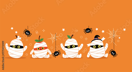 Four adorable cartoon mummy-wrapped fruit characters celebrate Halloween with spiders and webs on a vibrant orange background.