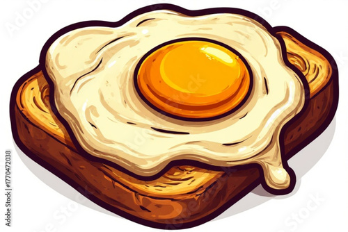 Cartoon illustration of a fried egg with a bright yellow yolk, sitting on a slice of toasted bread.
