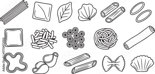 Assortment of Hand Drawn Pasta Shapes and Leaf Illustrations Keywords: pasta, spaghetti, penne, farfalle, ravioli