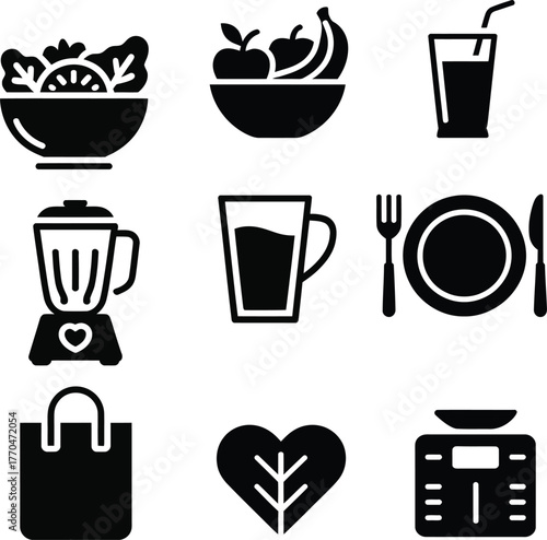 Healthy lifestyle icons salad fruit drink blender heart scale