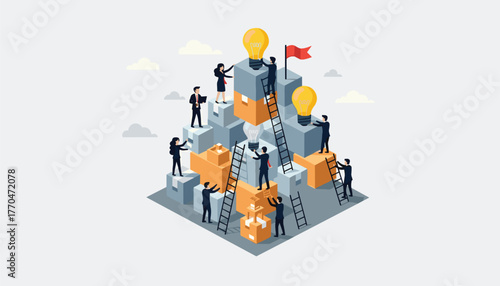 Ambitious team collaborates, climbing towards success and innovative ideas represented by glowing lightbulbs and a victory flag