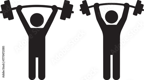 Two stick figures lifting weights silhouette