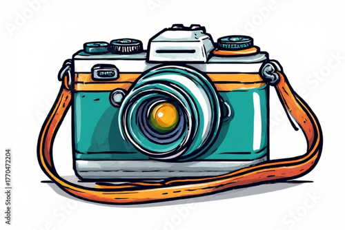 Illustration of a vintage camera with a strap, featuring teal, orange, and white colors on a white background.