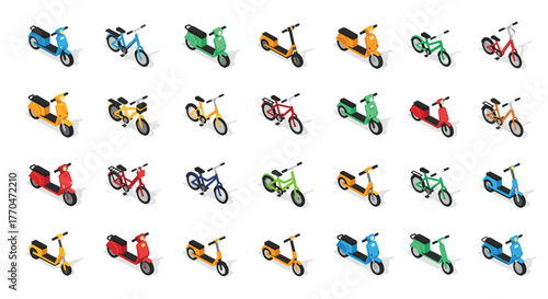 Vibrant collection of colorful isometric electric scooters and bicycles for modern urban transport concepts