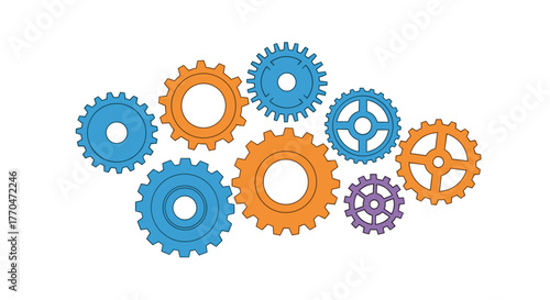 Dynamic interconnected gears symbolizing collaboration, progress, and complex system functionality in a bright, modern design