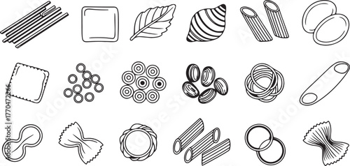 Collection of Hand Drawn Pasta Shapes and Leaf Illustrations Keywords: pasta, spaghetti, penne, farfalle, ravioli