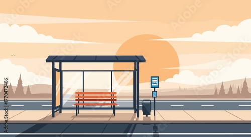 Tranquil bus stop scene bathed in warm sunset glow, ready for your travel or waiting concepts