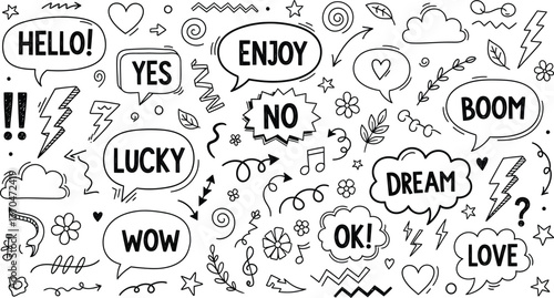 HandDrawn Speech Bubbles with Messages, Doodle Elements Isolated on White Background