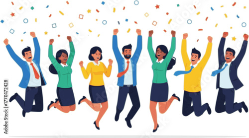 Business team achievement - Group of cheerful businesspeople celebrating award medal with confetti and smiling. Teamwork winners concept in flat design vector illustration with white background