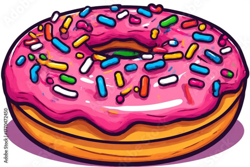 A colorful cartoon donut with pink frosting and rainbow sprinkles, presented in a bright and cheerful style.