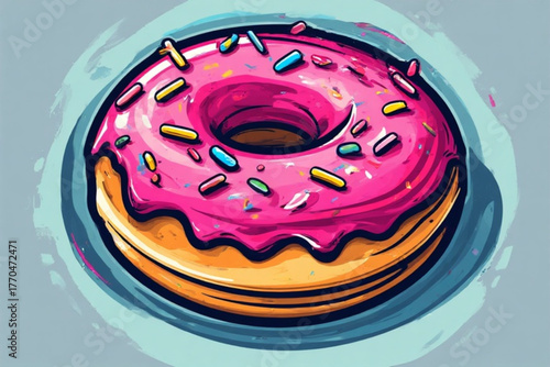 Close-up of a donut with pink frosting and colorful sprinkles, presented on a plate.