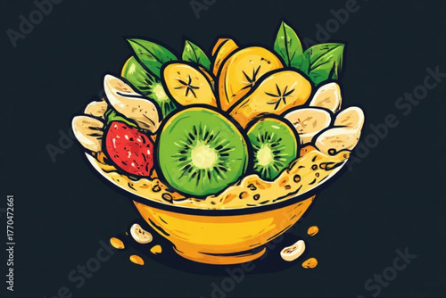 A vibrant illustration of a healthy breakfast bowl filled with fresh fruits and oats.