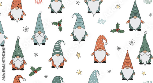 Cute Christmas gnomes seamless pattern with festive elements like holly and snowflakes on a white background.