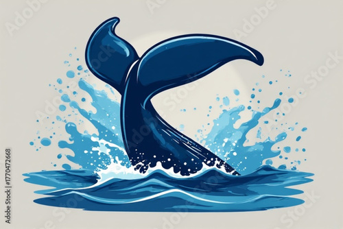 A stylized illustration of a whale's tail emerging from water, creating splashes.