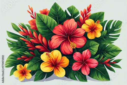 Vibrant floral arrangement featuring red and yellow hibiscus flowers amidst lush green tropical leaves and red bromeliad-like accents.