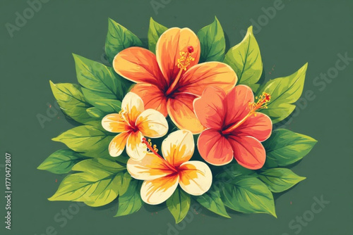 A vibrant arrangement of colorful hibiscus and frangipani blossoms surrounded by green leaves.