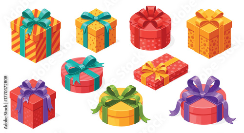 Vibrant assortment of colorful wrapped gift boxes with festive ribbons creating a cheerful celebration atmosphere