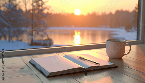 New year planning. Open notebook and pen on wooden table with coffee cup, overlooking serene winter sunrise by lake